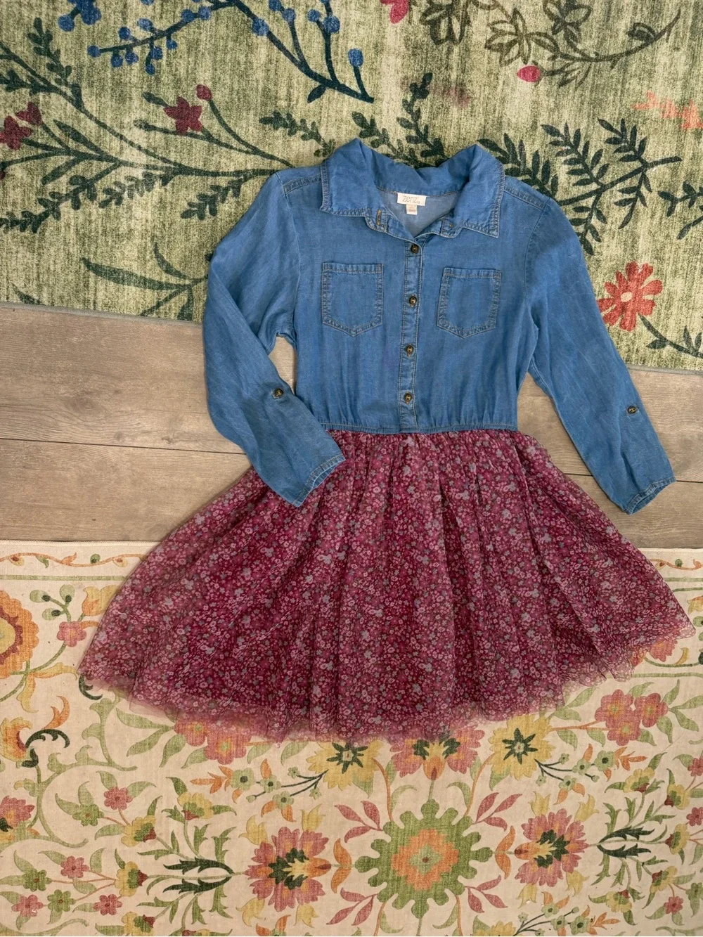 Boutique Zenzi Girls Denim & Tulle Floral Dress Size Large